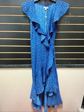 Max Studio Blue Speckled Asymmetrical Ruffle Maxi Dress